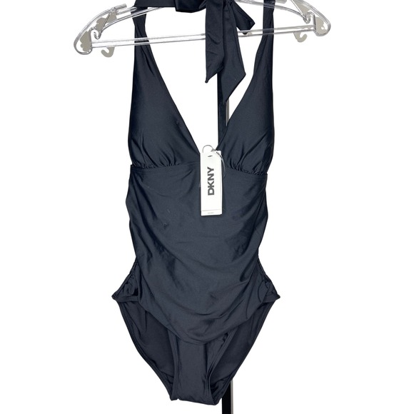 DKNY Black Halter One Piece Swimsuit Tummy Control Ruched Size L NEW - Picture 1 of 4